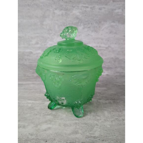 Jeanette Green Depression Glass Footed‎ Candy Dish w/ Lid Grapes & Leaves - Picture 1 of 6
